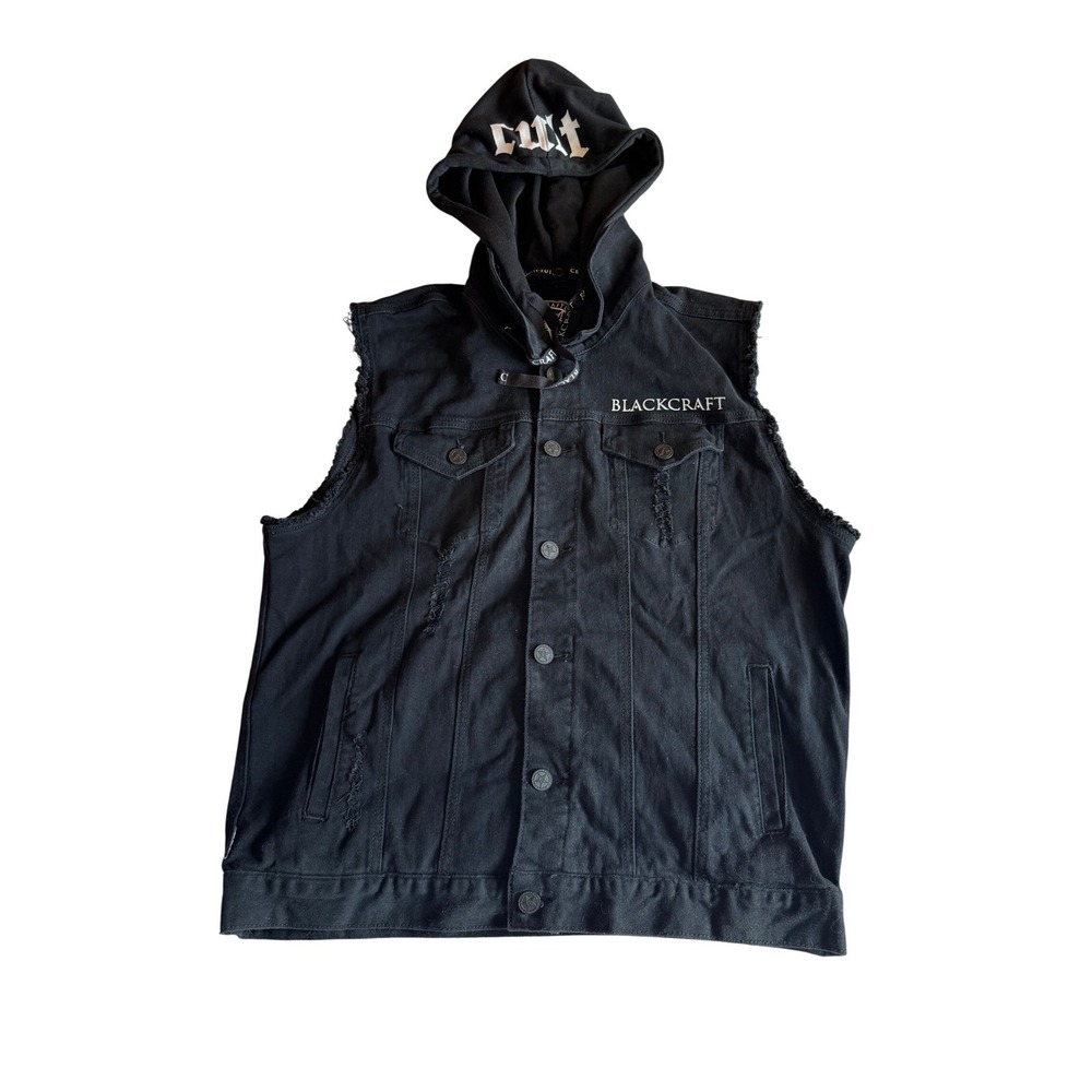 BlackCraft Cult Mens Distressed Denim Vest Hooded Reaper Skull Black XL